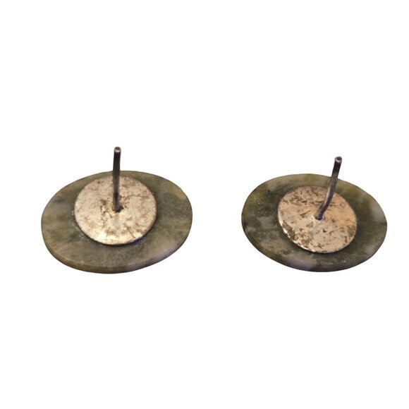 Green Serpentine Turtle Shell Look Stone Oval Stud Earrings - Picture 4 of 4